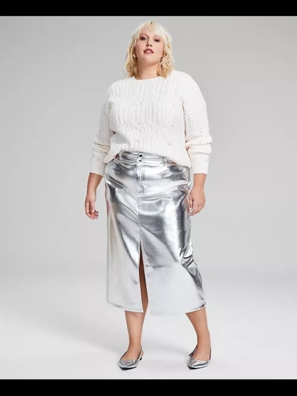 Ann Taylor Silver Metallic Midi Pencil Skirt with Front Slit - NWT